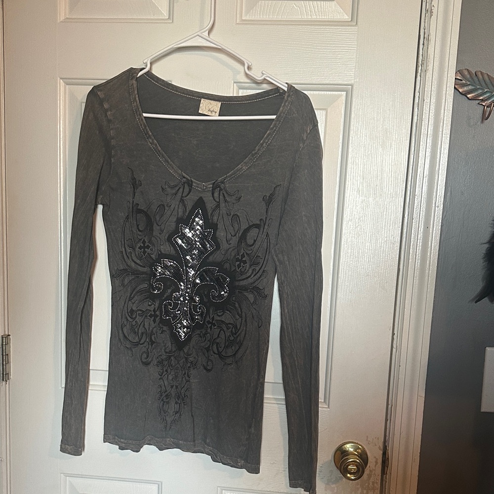 Daytrip Charcoal Long Sleeve Top with Black Embellishment